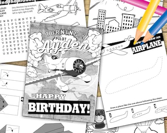 Personalized Airplane Coloring pages, 6 sheets, Airplane birthday activities, Airplane printable, Airplane party activity