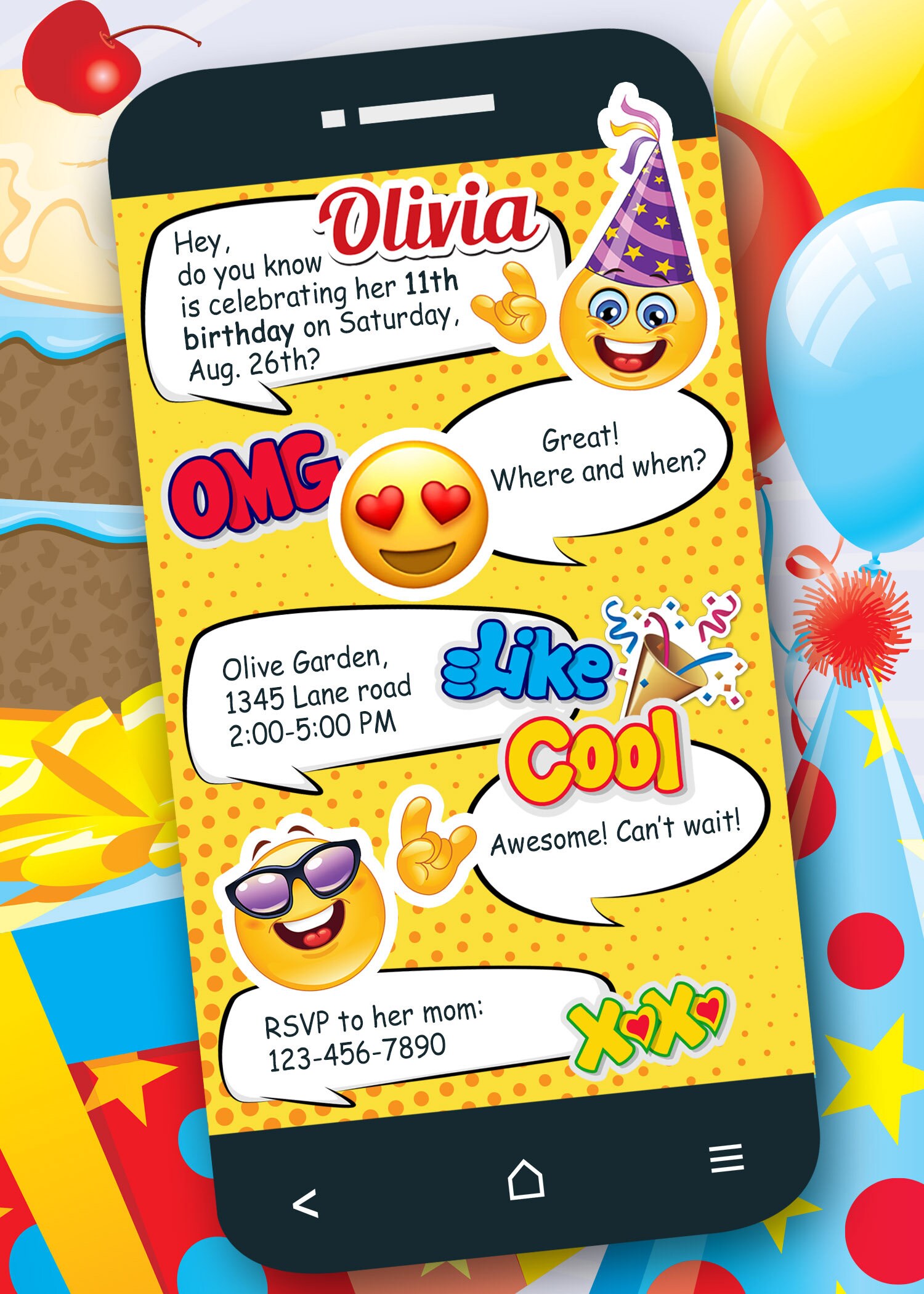 Emoji invitations, Digital Emoji Birthday invitations, Printable Emoji  invites, Emoji invitations download, image size:1500x2100
