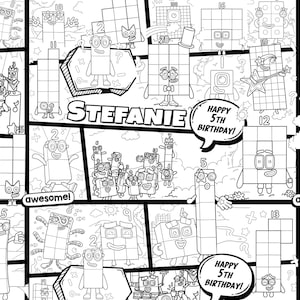 Może przedstawiać: Czarno-biała ilustracja w stylu komiksowym z blokami liczb z kreskówek. Obraz zawiera imię "Stefanie" i dymki z napisami "Happy 5th Birthday!" i "awesome!"