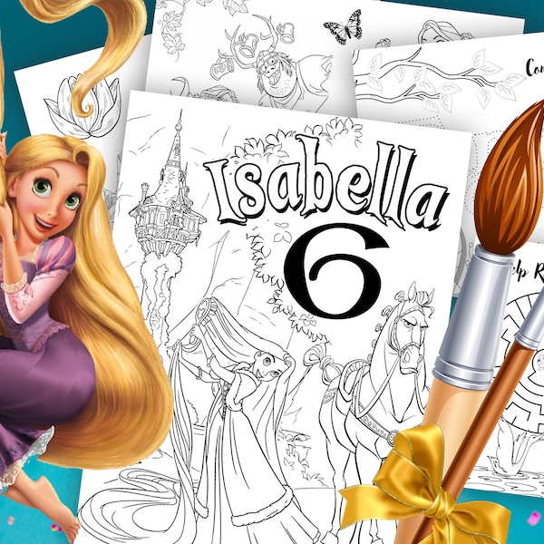 Personalized Rapunzel Coloring pages, 6 sheets, Rapunzel birthday activities, Rapunzel ptintables, Tangled party activity