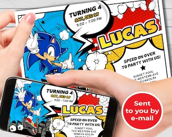 Sonic birthday invitation, DIGITAL FILE, Personalised, Digital, Printable, Sonic invite, Cartoon invite, Hedgehog birthday