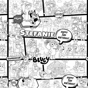 Op de afbeelding: Zwart-witte kleurplaat met de cartoonfiguren Bluey en Bingo. De pagina heeft een stripboek-stijl met meerdere panelen. De tekst "Happy 3rd Birthday!" en "Stefanie" zijn opgenomen in het ontwerp.