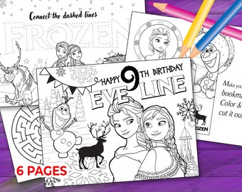 Páginas personalizadas para colorear Elsa, 6 hojas, actividades de cumpleaños de Elsa y Anna, imprimible de Elsa, actividad de fiesta de Elsa y Anna