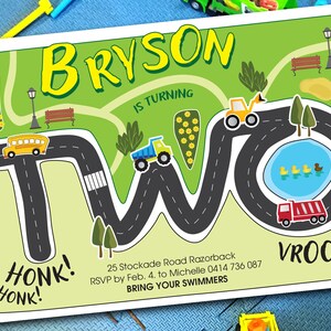 Transportation Truck Cars First Second Vroom Birthday Party printable invitation PDF invite with School bus Firetruck Vehicles and Street