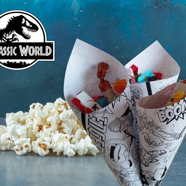Jurassic printable birthday favor bags, Dinosaur popcorn cones, favor containers, paper boxes for coloring