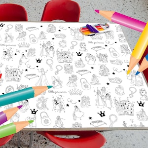6x3 ft Princess coroling table cloth, Princesses coloring table cover, Printable birthday paper table runner, Princess party ideas, Games