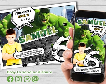 Incredible Hulk verjaardagsuitnodiging, superhelden uitnodiging, gepersonaliseerde Hulk digitale uitnodiging, afdrukbaar, voor iPhone & Android