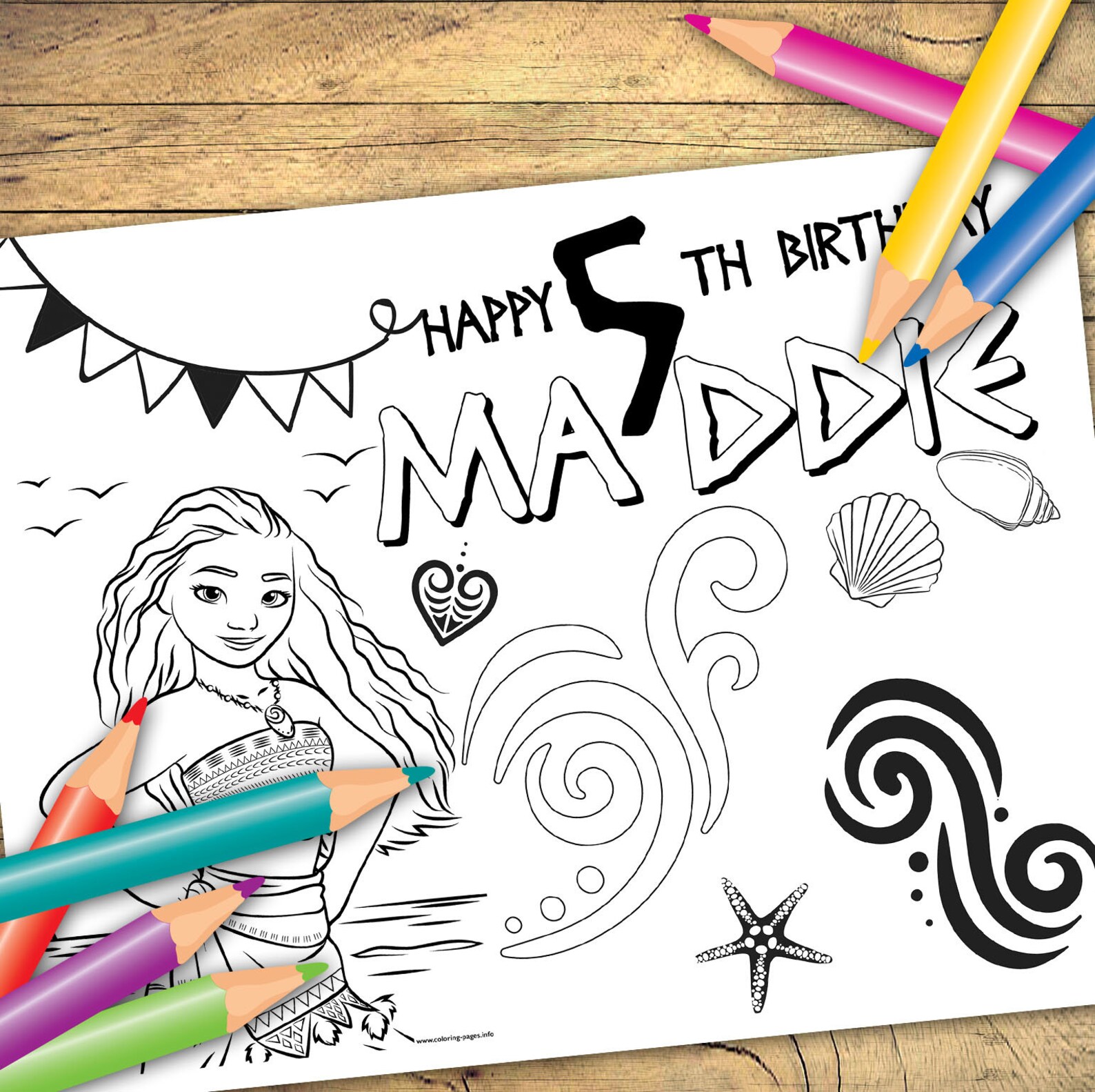 Personalized Moana Coloring Pages, 6 Sheets, Moana Birthday Activities