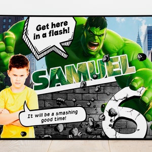 Incredible Hulk Backdrop, Superhero backdrop, Hulk portrait with photo, Superhero printables, Avengers birthday print