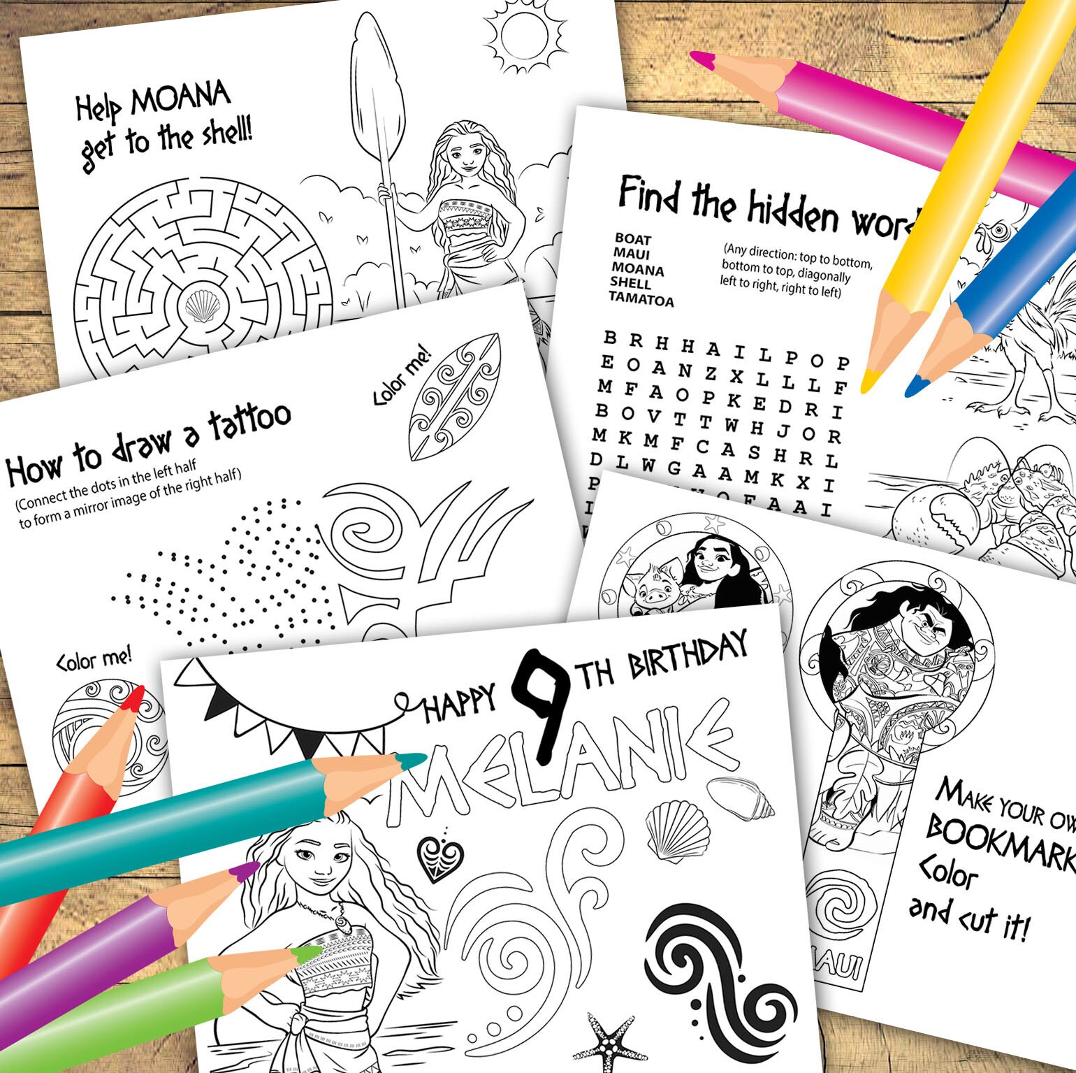 Personalized Moana Coloring Pages, 6 Sheets, Moana Birthday Activities ...