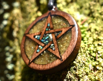 Phoenix Turquoise & Peridot Pentacle Wood Pendant - Necklace