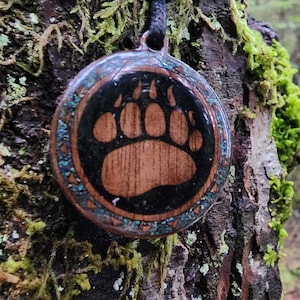 Schwarzer Turmalin - Phoenix Türkis - Bärentotem - Pfote - Holzanhänger - Halskette