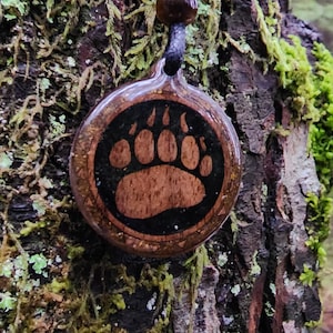 Black Tourmaline - Tigers Eye - Bear Totem - Paw - Wood Pendant - Necklace