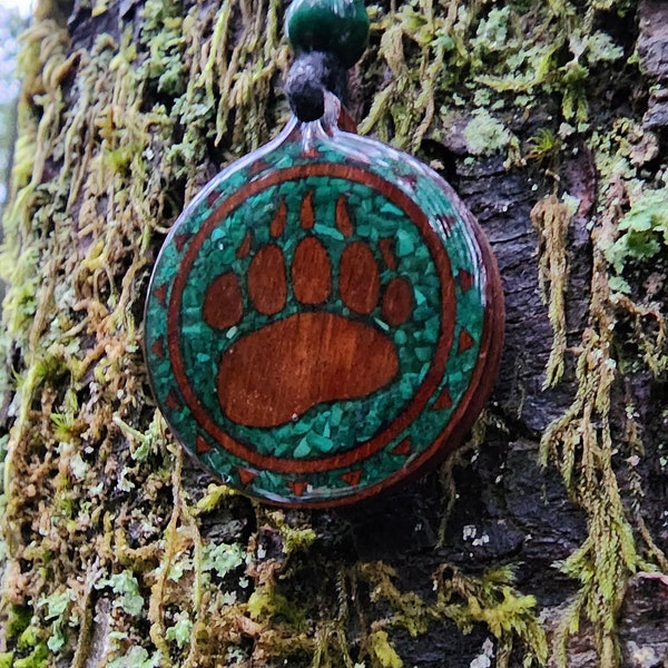 Malachite - Bear Totem - Paw - Wood Pendant - Necklace
