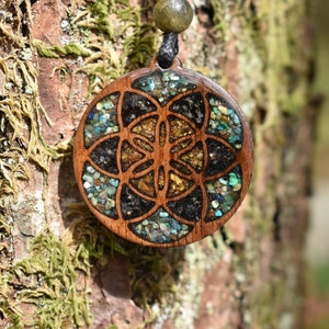 Seed of Life Pendant - Necklace with Phoenix Turquoise - Pyrite - Tigers Eye - Black Tourmaline - Labradorite