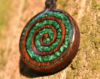 Malachite Celtic Spiral Wood Pendant - Necklace
