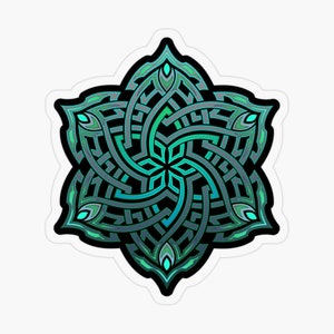 May include: A sticker featuring a symmetrical, six-pointed design with interwoven lines. The design is primarily teal and gray, with a black background and white border. The intricate pattern has a Celtic knot style.