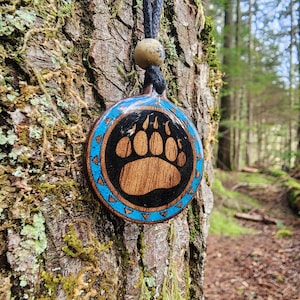 Black Tourmaline - Turquoise - Bear Totem - Paw - Wood Pendant - Necklace