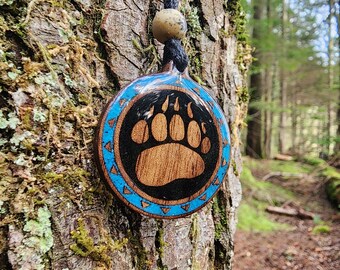 Turmalina negra - Turquesa - Tótem de oso - Huella - Colgante de madera - Collar