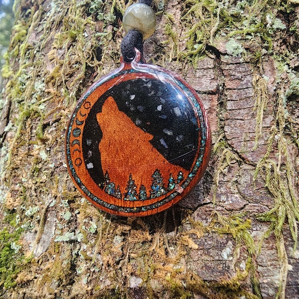 Black Tourmaline - Phoenix Turquoise -  Labradorite - Wolf Totem - Wood Pendant - Necklace