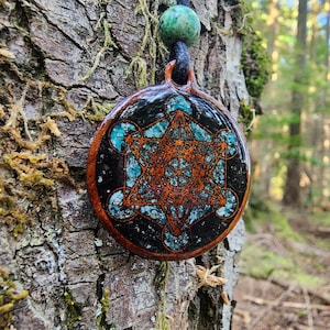 Metatron's Cube - Black Tourmaline - Chrysocolla -  Pyrite - Wood Pendant - Necklace