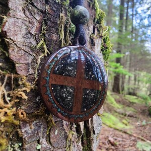 Solar Cross with Black Tourmaline - Pyrite - Phoenix Turquoise - Wood Pendant - Necklace
