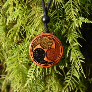 Mitsudomoe Wood Pendant - Necklace with Tigers Eye - Pyrite - Black Tourmaline - Jasper