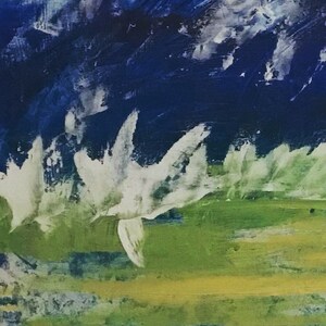 Ela corre com os pássaros. Cartão de artistas. De uma pintura a óleo original. Lindos pássaros expressivos livres em vôo.
