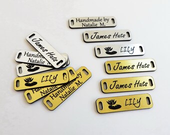 50 Product Tags, 1.5'' x 0.5'', Handmade Labels for Clothes, Custom Laser Engraved Tags, Sewing Product labels, Gold, Silver.