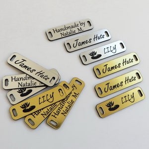 25 Product Tags, 1.5'' x 0.5'', Handmade Labels for Clothes, Custom Laser Engraved Tags, Sewing Product labels, Gold, Silver.