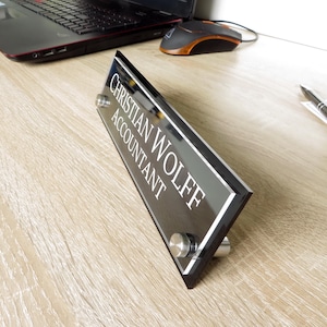 Personalised Desk Name Plate, Custom Engraved Desk Sign, Acrylic Plaque, Double Sided Mounting Tape.