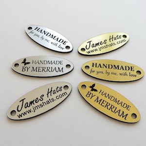 Product Tags, 1.5&#39;&#39; x 0.6&#39;&#39;, Handmade Labels for Clothes, Custom Laser Engraved Tags, Sewing Product labels, Gold, Silver.