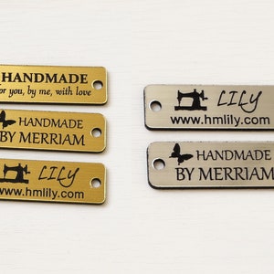 Product Tags, 1.5'' x 0.5'', Handmade Labels for Clothes, Custom Laser Engraved Tags, Sewing Product labels, Gold, Silver.