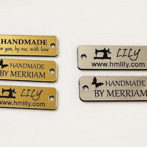 25 Product Tags, 1.5'' x 0.5'', Handmade Labels for Clothes, Custom Laser Engraved Tags, Sewing Product labels, Gold, Silver.