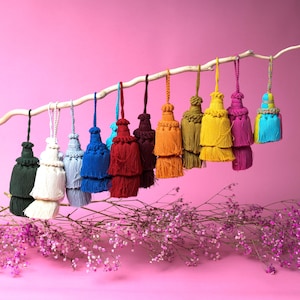 Könnte beinhalten: Eine Sammlung bunter Quasten, die an einem hellen Ast vor einem rosa Hintergrund hängen. Die Quasten sind in verschiedenen Farben erhältlich, darunter Grün, Weiß, Blau, Rot und Gelb. Die Quasten bestehen aus einem weichen, strukturierten Material und sind wahrscheinlich für dekorative Zwecke gedacht.
