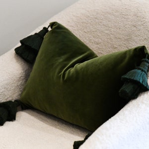 May include: A green velvet pillow with dark green tassels on a white fluffy chair.