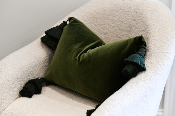 Olive Green Pillow Cover with Tassels  - Green Velvet Pillow - Velvet Pillow with Zipper - Throw Pillow -  Decorative Velvet Pillow
