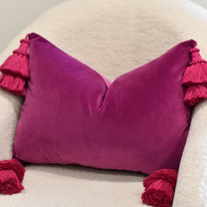 May include: A magenta velvet pillow with tiered tassels at each end rests on a white, textured chair. The pillow's rectangular shape and rich color create a striking contrast against the neutral background, adding a touch of luxury to the decor.