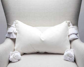 White Velvet Pillow Cover - Pillow  With Tassels - White Velvet Pillow - Accent Pillow For Bed - Accent Pillow for Chair  - Accent Pillow