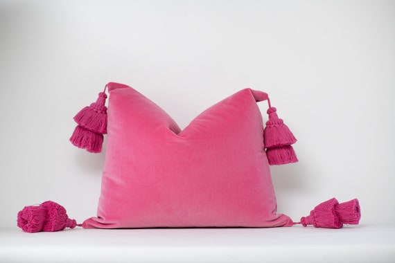 Pink Velvet Pillow Cover - Bubblegum Pink Pillow with Big Tassels - Barbie Pink Pillow - Accent Pillow for Couch - Designer Pillow Cover