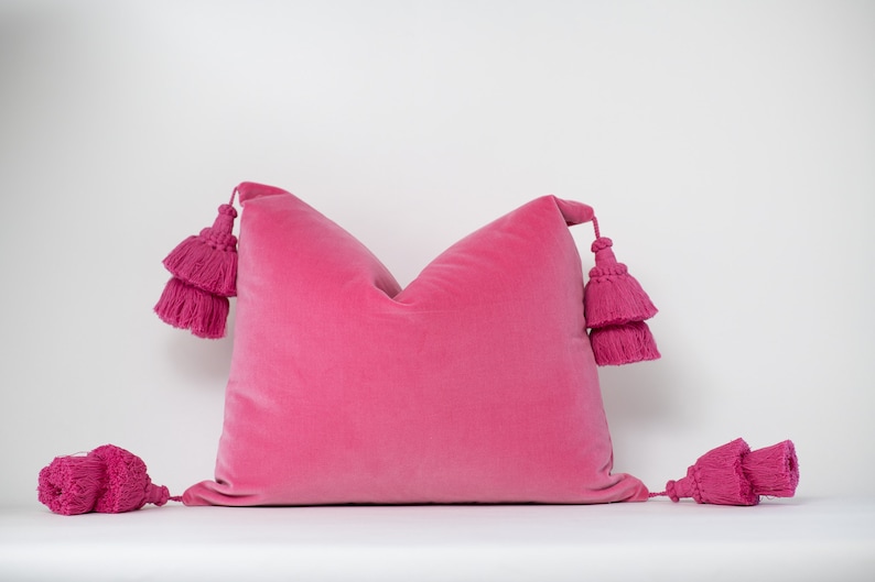 May include: A pink velvet pillow with tassels on each corner. The pillow is a square shape and has a soft, plush texture.