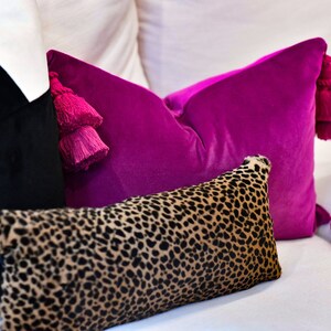 May include: A collection of decorative pillows in various styles and colors. A vibrant magenta velvet pillow with matching tassels is paired with a leopard print pillow and a black pillow. The pillows are arranged on a white surface.
