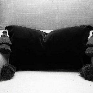May include: Black velvet pillow with black tassel trim. The pillow is on a white couch.