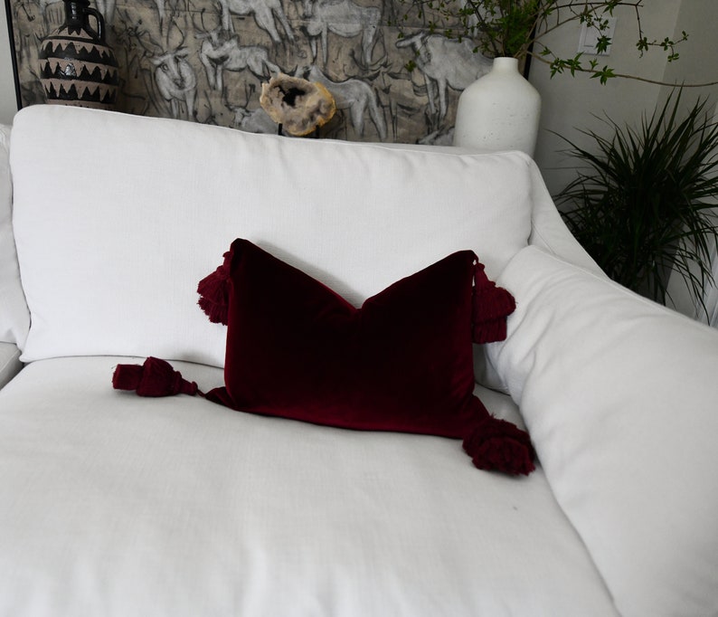 Burgundy Velvet Lumbar Pillow Cover Burgundy Velvet Pillow with Tassels Burgundy Pillow Deep Red Velvet Pillow Throw Pillow image 10