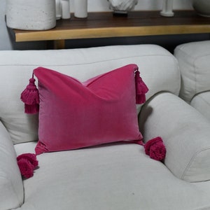 May include: A pink velvet throw pillow with tassels on a white couch.