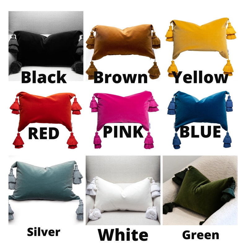 May include: Nine velvet throw pillows with tassels in various colors, including black, brown, yellow, red, pink, blue, silver, white, and green.