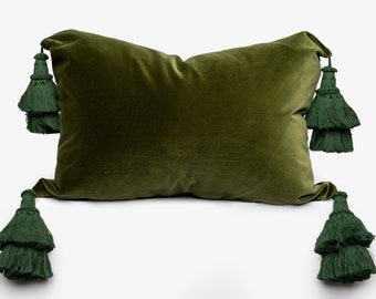 May include: A green velvet pillow with four large green tassels. The pillow is rectangular and has a smooth, soft texture.