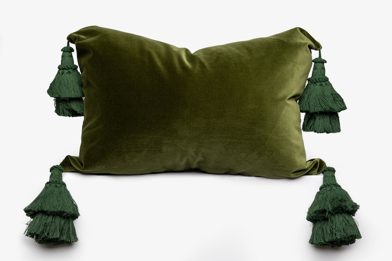 May include: A green velvet pillow with four large green tassels. The pillow is rectangular and has a smooth, soft texture.