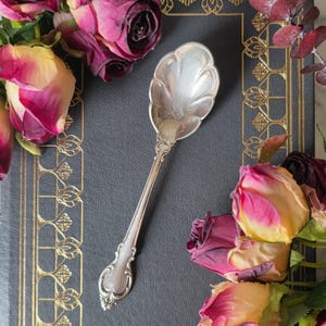 May include: A silver-toned metal spoon featuring a bowl shaped like a scalloped shell and a handle with an ornate, embossed decorative pattern at the base. The spoon is positioned vertically against a dark surface with gold-colored border details.