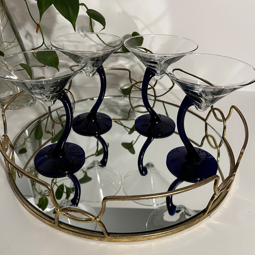 Set of 4 Vintage Libbey Martini Glasses With Curvy Cobalt Blue Stems